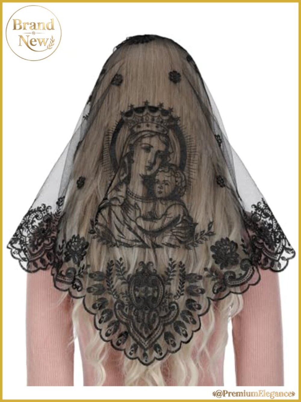 Women's Lace Chapel Veil for Church Prayer with Virgin Mary Embroidery